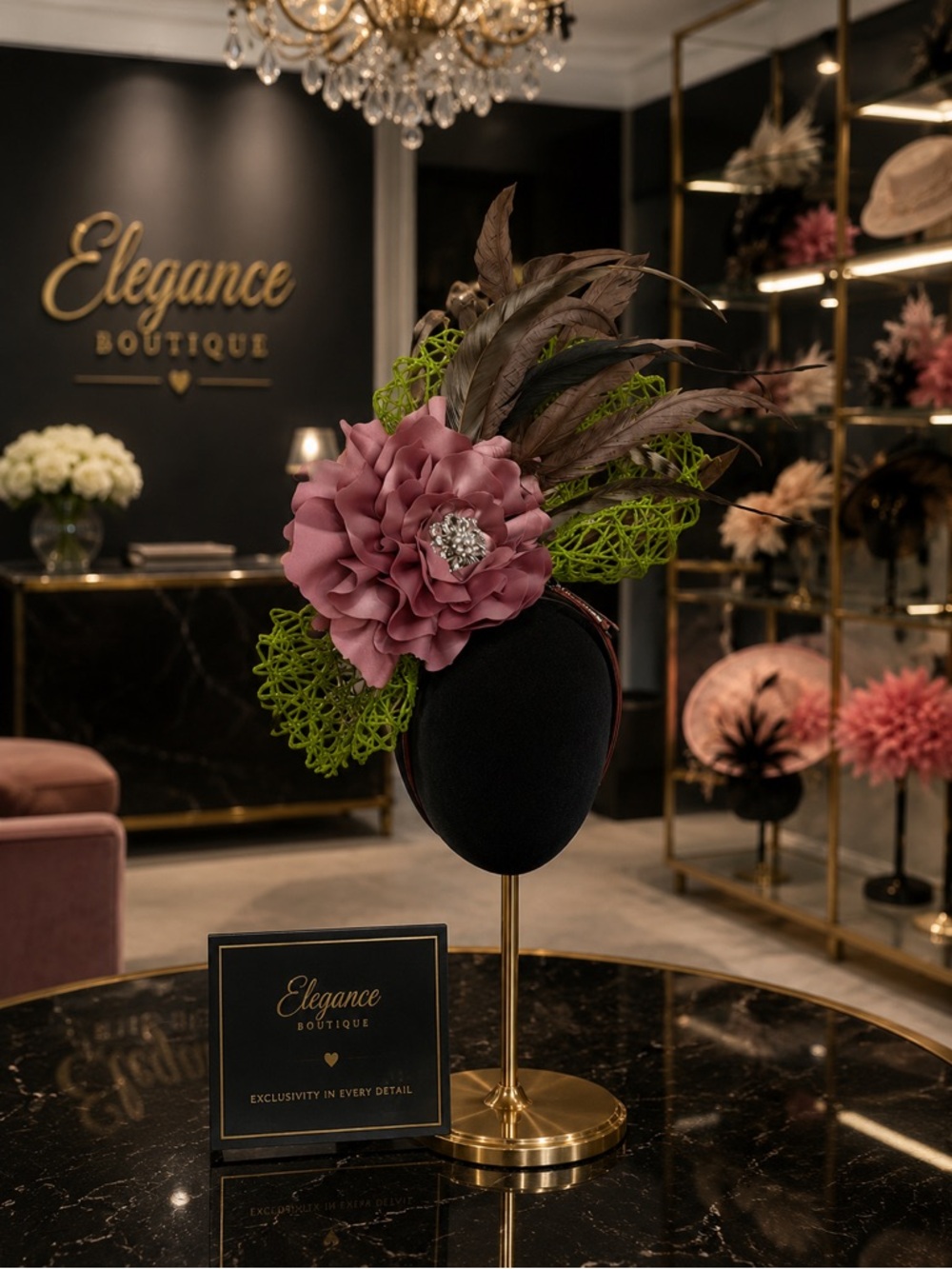 Dusty Pink Floral Feather Fascinator with Green Accents